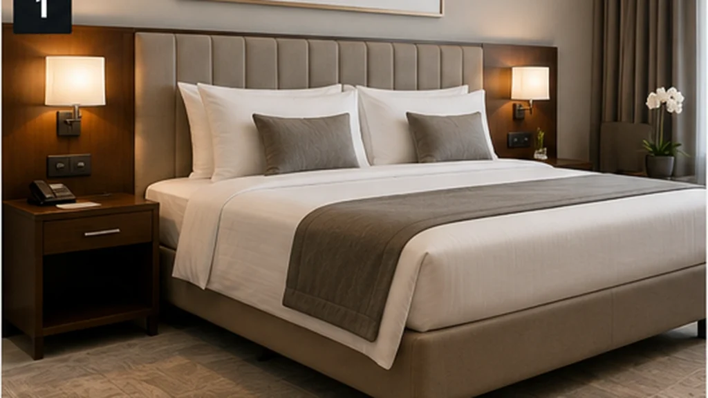 Upholstered hotel bed base and mattress in a professional hotel guest room