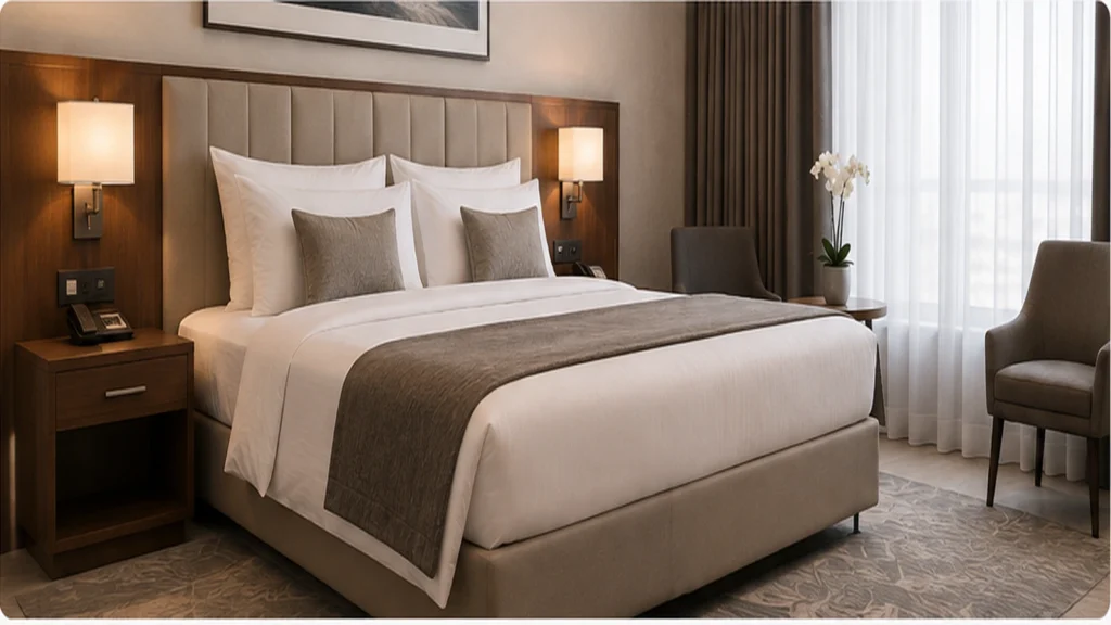 Hotel bed for hospitality projects with professional mattress and upholstered bed base