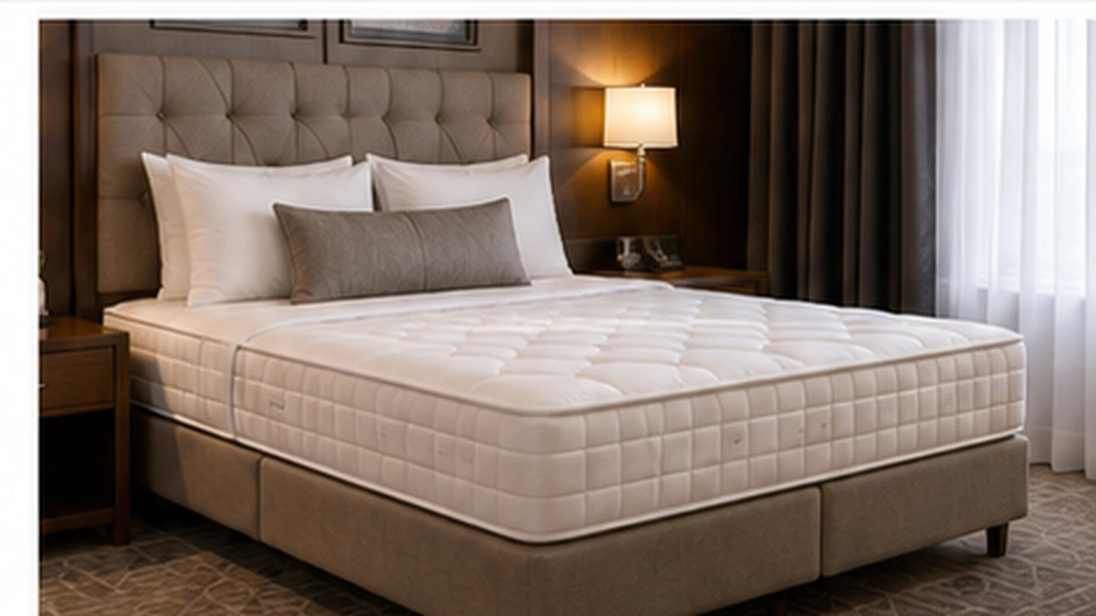 Professional hotel mattress for hospitality projects on an upholstered hotel bed base