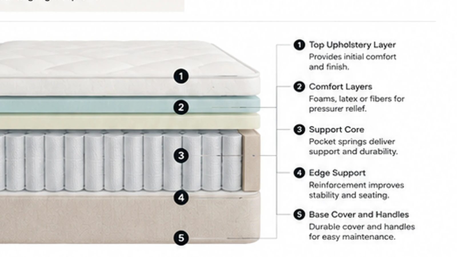 Hotel mattress construction showing comfort layers and support system