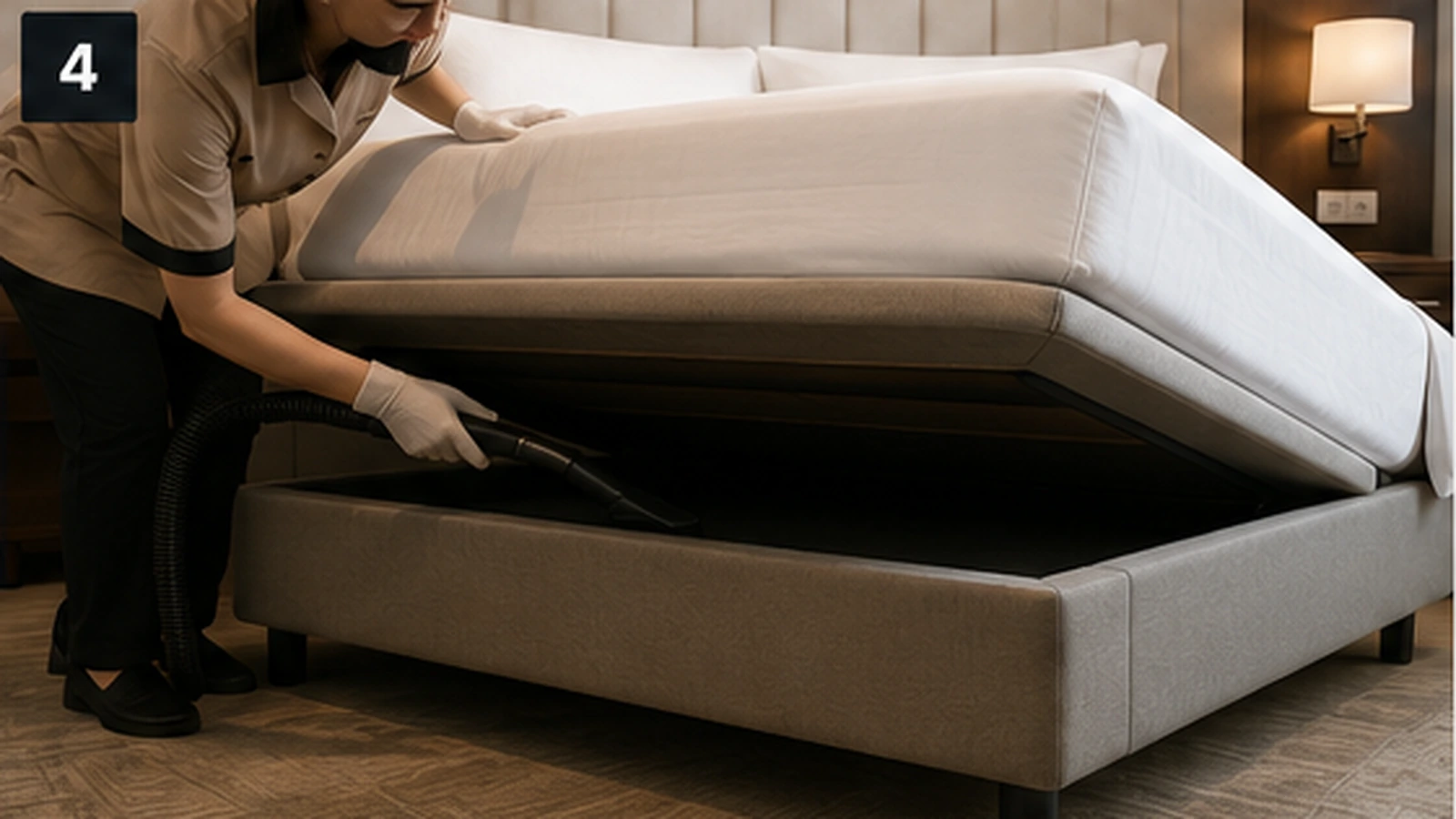 Hotel bed base designed for efficient housekeeping and room maintenance