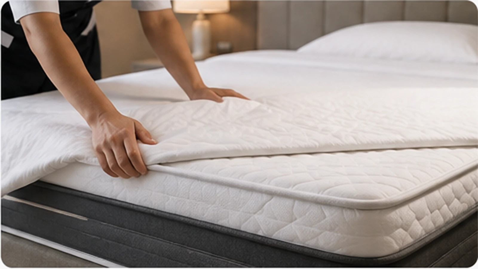 Hotel housekeeping staff preparing and maintaining a professional hotel bed