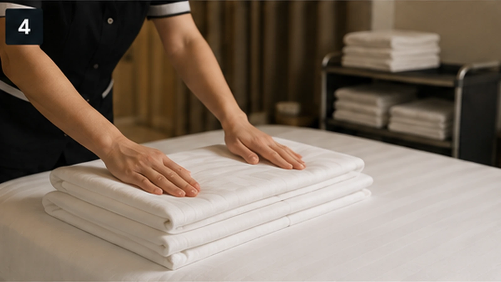 Hotel housekeeping staff preparing professional bed linen for guest rooms